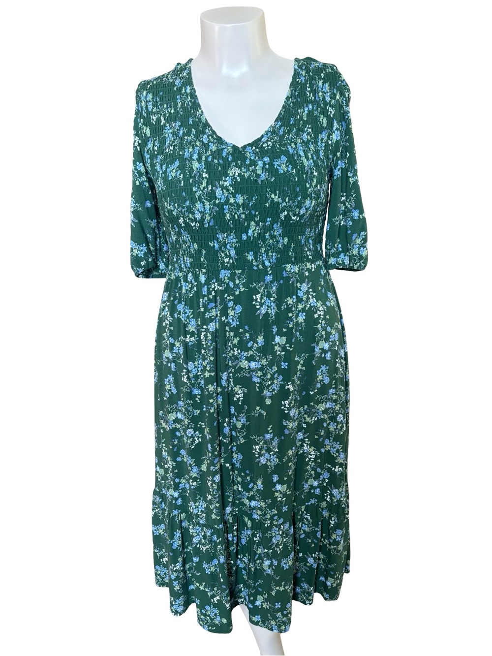 Angels Green Floral Midi Dress with Blue Accents